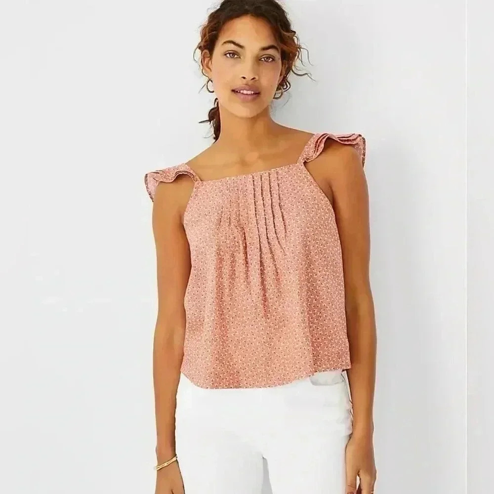 Ann Taylor Floral Linen Blend Pintucked Ruffle Tank Top Size Medium M NWT
